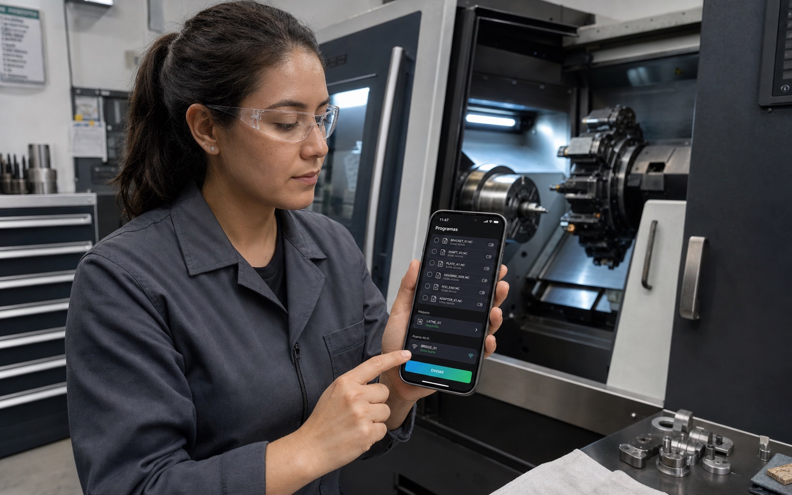 Ingeniera ficticia usando iZEUZ en iPhone junto a un torno CNC