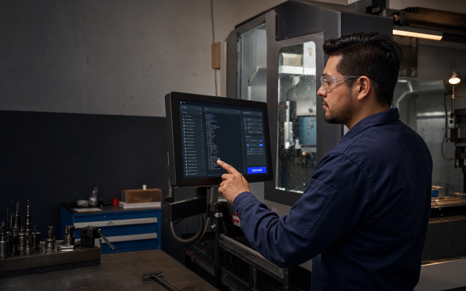 Operador ficticio usando ZEUZ DNC en una estación CNC